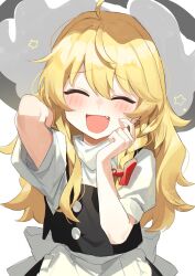 Rule 34 | 1girl, ahoge, apron, arm up, black hat, black skirt, black vest, blonde hair, blush, bow, braid, buttons, closed eyes, fang, finger to face, hair bow, hand up, hat, highres, jill 07km, kirisame marisa, long hair, open mouth, puffy short sleeves, puffy sleeves, red bow, shirt, short sleeves, simple background, single braid, skirt, skirt set, solo, star (symbol), touhou, turtleneck, vest, waist apron, white apron, white background, white shirt, witch hat