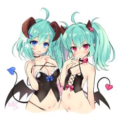 Rule 34 | &gt;:s, 2girls, :s, ahoge, aqua eyes, aqua hair, bad id, bad pixiv id, bare arms, bare shoulders, black dress, black neckwear, black panties, blue ribbon, blush, breasts, byulzzi, choker, cleavage, collarbone, corset, demon girl, demon horns, demon tail, demon wings, dot nose, dress, fang, fang out, flower, frilled dress, frills, hair flower, hair ornament, hairclip, hand on own cheek, hand on own face, horns, long hair, looking at viewer, medium breasts, medium hair, multiple girls, navel, off shoulder, open mouth, original, out-of-frame censoring, panties, pink eyes, pink hair, pubic tattoo, revealing clothes, ribbon, signature, simple background, small breasts, standing, tail, tattoo, twintails, underwear, v-shaped eyebrows, white background, wings, x hair ornament