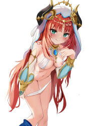 Rule 34 | 1girl, :q, absurdres, bare shoulders, blue gemstone, blush, bracer, breasts, brooch, chinese commentary, circlet, commentary request, detached sleeves, fake horns, feet out of frame, gem, genshin impact, hand up, harem outfit, highres, horns, hyakuta murafuku, jewelry, leaning forward, long hair, long sleeves, looking at viewer, low twintails, medium breasts, neck ring, nilou (genshin impact), nipple slip, nipples, one breast out, panties, panty pull, parted bangs, puffy long sleeves, puffy sleeves, red hair, sidelocks, simple background, solo, standing, sweat, tongue, tongue out, twintails, underwear, veil, white background, white headwear, white panties, white sleeves