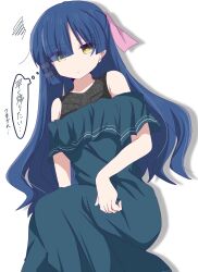 Rule 34 | 1girl, alternate costume, alternate hair length, alternate hairstyle, bare shoulders, black shirt, blue dress, blue hair, blunt bangs, blunt ends, bocchi the rock!, closed mouth, collarbone, commentary request, dress, eyes visible through hair, feet out of frame, frown, hair ornament, hair ribbon, hairclip, half updo, highres, light blush, long dress, long hair, looking at viewer, mole, mole under eye, off-shoulder dress, off shoulder, pink ribbon, ribbon, shirt, short sleeves, simple background, sitting, sleeveless, sleeveless shirt, solo, squiggle, thought bubble, torikoboshi, translation request, very long hair, white background, yamada ryo, yellow eyes