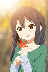 Rule 34 | 1girl, :d, autumn leaves, black hair, blush, brown eyes, collarbone, holding, holding leaf, k-on!, kakiuchi itsuki, leaf, long hair, long sleeves, looking at viewer, nakano azusa, open mouth, smile, solo, twintails