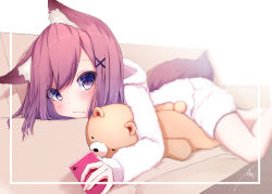 Rule 34 | 1girl, absurdres, animal ears, blue eyes, blurry, brown hair, cellphone, couch, depth of field, dress, expressionless, fang, fang out, highres, hood, hooded sweater, long sleeves, looking at viewer, lying, mayogii, on couch, on stomach, original, phone, purple eyes, red hair, smartphone, stuffed animal, stuffed toy, sweater, sweater dress, teddy bear, wool dress