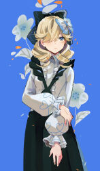 Rule 34 | 1girl, black skirt, blonde hair, blue background, blue eyes, closed mouth, fire emblem, fire emblem engage, flower, frilled shirt, frills, hair over one eye, hair ribbon, highres, long skirt, long sleeves, looking at viewer, madeline (fire emblem), nintendo, ribbon, shirt, skirt, solo, wavy hair, white shirt, yachimata 1205