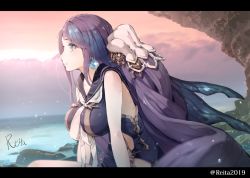 Rule 34 | 1girl, black border, blue eyes, blue hair, border, breasts, dress, earrings, fins, hair ornament, highres, hoshizaki reita, jewelry, large breasts, letterboxed, long hair, looking to the side, ningyo hime (sinoalice), ocean, open mouth, parted lips, resolution mismatch, ribbon, rock, signature, sinoalice, solo, source smaller, sunset, teeth, twintails, twitter username