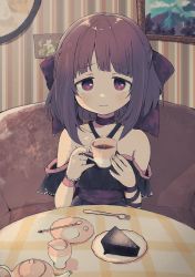 Rule 34 | 1girl, absurdres, bare shoulders, black dress, bow, brown hair, cake, cake slice, chair, child, choker, collarbone, commission, couch, criss-cross halter, cup, dress, facing viewer, fallenshadow, female focus, flat chest, food, frills, hair bow, halterneck, highres, holding, holding cup, indie virtual youtuber, indoors, looking at viewer, nervous smile, no1shyv, non-web source, off shoulder, pink bow, pink eyes, plate, ribbon, short hair, short sleeves, sidelocks, single wrist cuff, sitting, skeb commission, smile, solo, tea, teacup, upper body, virtual youtuber, wrist cuffs