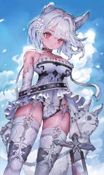 Rule 34 | 1girl, animal ears, arms behind back, breasts, brown collar, cleavage, collar, collarbone, garter straps, holding, holding sword, holding weapon, large breasts, looking at viewer, original, red eyes, short hair, solo, standing, sword, thighhighs, voruvoru, weapon, white hair, white thighhighs
