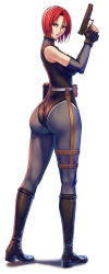Rule 34 | 1girl, absurdres, ass, bare shoulders, bodysuit, boots, breasts, capcom, dino crisis, elbow gloves, female focus, finger on trigger, fingerless gloves, from behind, full body, gloves, gun, highres, kamegawara nikuo, leotard, looking at viewer, looking back, orange eyes, red hair, regina, regina (dino crisis), short hair, sideboob, simple background, smile, solo, thighs, weapon, white background