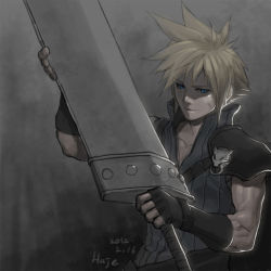 Rule 34 | 00s, 1990s (style), 1boy, 2012, artist name, black gloves, blonde hair, blue eyes, buster sword, cloud strife, dated, facial scar, final fantasy, final fantasy vii, final fantasy vii advent children, fingerless gloves, gloves, haje, holding, holding sword, holding weapon, male focus, muscular, retro artstyle, scar, scar on cheek, scar on face, shoulder pads, signature, solo, square enix, sword, upper body, weapon