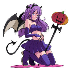 Rule 34 | 1girl, bandeau, bare shoulders, bat hair ornament, black choker, blue eyes, blunt ends, boots, bridal gauntlets, choker, commentary, demon horns, demon tail, demon wings, elbow gloves, full body, gloves, hair ornament, half-closed eyes, halloween, halloween costume, highres, horns, jack-o&#039;-lantern, kaguya madoka, kneeling, long hair, looking at viewer, midriff, miniskirt, parted lips, pleated skirt, precure, purple bandeau, purple footwear, purple gloves, purple hair, purple skirt, simple background, skirt, solo, staff, star twinkle precure, tail, thigh boots, uraki, white background, wings