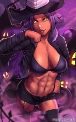Rule 34 | 1girl, abs, absurdres, black shorts, black thighhighs, blair (soul eater), blair (soul eater) (cosplay), bleach, cosplay, dark-skinned female, dark skin, fluffydus, hat, highres, paw pose, purple hair, shihouin yoruichi, shorts, sky, solo, soul eater, star (sky), starry sky, thighhighs, toned, tongue, tongue out, witch hat