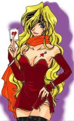 Rule 34 | 1990s (style), 1girl, blonde hair, blue eyes, card, darill, detached sleeves, final fantasy, final fantasy vi, headband, holding, holding card, jujube, leotard, natsume you, scarf, solo, tattoo, thighhighs