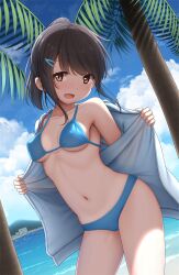 Rule 34 | 1girl, :d, arisu kazumi, backlighting, beach, bikini, black hair, blue bikini, blue sky, blush, breasts, cardigan, cloud, collarbone, covered erect nipples, cowboy shot, flashing, hair ornament, hairclip, looking at viewer, medium breasts, navel, ocean, open cardigan, open clothes, open mouth, original, outdoors, paid reward available, palm tree, ponytail, short hair, sky, smile, solo, standing, stomach, swimsuit, tree