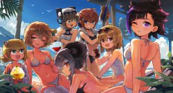 Rule 34 | 6+girls, absurdres, ass, beach, bikini, black-framed eyewear, black bikini, black hair, black one-piece swimsuit, blue-framed eyewear, blue eyes, blush, bracelet, breasts, brown eyes, brown hair, cleavage, day, eyewear on head, fang, green eyes, grey hair, hepari, highres, holding, holding water gun, horizontal pupils, horns, jewelry, large breasts, medium breasts, multiple girls, navel, one-piece swimsuit, one eye closed, open mouth, original, outdoors, parted lips, pointy ears, purple eyes, shiny skin, short hair, small breasts, smile, star-shaped pupils, star (symbol), sunglasses, swimsuit, symbol-shaped pupils, water gun, white bikini, white one-piece swimsuit