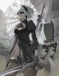 Rule 34 | 1girl, 2b (nier:automata), absurdres, black blindfold, black dress, black hairband, black thighhighs, blindfold, breasts, cleavage cutout, clothing cutout, dress, feather-trimmed sleeves, hairband, highres, juliet sleeves, leather, long sleeves, medium breasts, multiple weapons, nier:automata, nier (series), pod (nier:automata), puffy sleeves, robot, short hair, sword, thighhighs, thighs, weapon, white hair, wind, xia 0328
