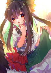 Rule 34 | 1girl, blush, bow, breasts, brown hair, collared shirt, commentary request, crossed bangs, crystal, diamond (shape), eyes visible through hair, fingernails, frilled shirt collar, frills, green bow, green skirt, hair between eyes, hair bow, hands up, highres, light, long fingernails, long hair, looking to the side, medium breasts, nail polish, open mouth, puffy short sleeves, puffy sleeves, red eyes, red nails, reiuji utsuho, renka (sutegoma25), shirt, short sleeves, simple background, skirt, solo, standing, third eye, tongue, touhou, white background, white shirt, wings
