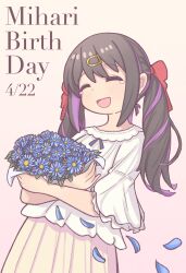Rule 34 | 1girl, :d, ^ ^, absurdres, black hair, bouquet, character name, closed eyes, commentary, dated, flower, hair ornament, hair ribbon, hairclip, happy birthday, happy tears, highres, holding, holding bouquet, long hair, multicolored hair, onii-chan wa oshimai!, open mouth, oyama mihari, petals, pleated skirt, purple hair, red ribbon, ribbon, shirt, simple background, skirt, smile, solo, tears, tsubatya, twintails, two-tone hair, white shirt