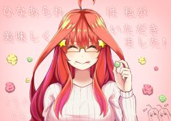 Rule 34 | 1girl, ahoge, blush, breasts, closed eyes, glasses, go-toubun no hanayome, holding, hyoe (hachiechi), inset, large breasts, nakano itsuki, orange hair, smile, solo focus, sweater, tagme, tongue, tongue out, translation request, upper body