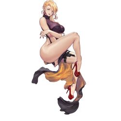Rule 34 | 1girl, amy laser (last origin), amy razor, bare arms, bare legs, bare shoulders, blonde hair, breasts, clothes between thighs, dress, earrings, full body, game cg, gun, handgun, high heels, highres, jewelry, large breasts, last origin, long dress, long hair, looking at viewer, nail polish, official art, pistol, purple eyes, red nails, rorobomb, side slit, solo, tachi-e, thighs, transparent background, turtleneck, turtleneck dress, weapon, wide hips