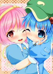 Rule 34 | 2girls, blue eyes, blue hair, blush, collared shirt, cuddling, dress, face-to-face, frilled shirt collar, frills, hair bobbles, hair ornament, hairband, hand on another&#039;s face, heart, highres, huggle, kawashiro nitori, komeiji satori, kyuushiki, long sleeves, looking at viewer, multiple girls, one eye closed, open mouth, pink eyes, pink hair, polka dot, polka dot background, puffy short sleeves, puffy sleeves, red eyes, shirt, short hair, short sleeves, smile, string, touhou, twintails, two side up, upper body, wide sleeves