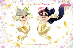 Rule 34 | 2017, 2girls, :d, alternate costume, arms up, blue hair, breasts, callie (splatoon), closed eyes, cousins, covered navel, dark blue hair, dated, dress, elbow gloves, fangs, feathers, gloves, gradient hair, green hair, grey hair, grin, happy new year, highres, inkling, long hair, marie (splatoon), mole, mole under eye, multicolored hair, multiple girls, new year, nintendo, no nose, open mouth, pink hair, puchiman, short hair, small breasts, smile, splatoon (series), strapless, strapless dress, suction cups, teeth, tentacle hair, thighhighs, twitter username, two-tone hair, yellow dress, yellow gloves, yellow thighhighs