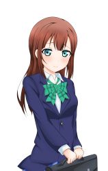 Rule 34 | 10s, 1girl, 5553pp, absurdres, aged up, alternate hair length, alternate hairstyle, bad id, bad pixiv id, bag, blazer, blue eyes, blush, bow, briefcase, highres, jacket, kosaka yukiho, long hair, looking at viewer, love live!, love live! school idol project, school bag, school briefcase, school uniform, simple background, smile, solo, white background