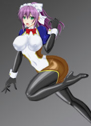 Rule 34 | 1girl, ass, bodysuit, boots, breasts, covered erect nipples, covered navel, cowboy shot, fuuki (misty wind), green eyes, impossible clothes, large breasts, long hair, looking at viewer, maid headdress, open mouth, original, ponytail, purple hair, shiny clothes, skin tight, solo, thigh boots, thighhighs, turtleneck
