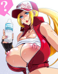 Rule 34 | 1girl, baseball cap, blonde hair, blue eyes, blush, breasts, breasts out, cleavage, clothes lift, dragon (arms), fatal fury, fatal fury cap, fingerless gloves, genderswap, genderswap (mtf), gloves, hat, highres, large breasts, long hair, looking at viewer, midriff, navel, nipples, no bra, open mouth, ponytail, puffy nipples, raisuta, shirt, simple background, snk, snk heroines: tag team frenzy, solo, sweat, terry bogard, the king of fighters, vest