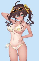 Rule 34 | 1girl, absurdres, ahoge, alternate breast size, anklet, armpits, bare arms, bare shoulders, bikini, breasts, brown hair, cleavage, closed mouth, collarbone, cowboy shot, eyelashes, eyewear on head, flower, front-tie bikini top, front-tie top, full body, green eyes, groin, hair between eyes, hair flower, hair ornament, halterneck, hand up, higashigure, highres, hololive, jewelry, legs apart, long hair, looking at viewer, natsuiro matsuri, natsuiro matsuri (summer 2020), one-piece tan, ribbon, sandals, side-tie bikini bottom, small breasts, smile, solo, standing, stomach, sunflower, sunglasses, swimsuit, tan, tanline, thighs, twintails, virtual youtuber, wrist ribbon, yellow bikini