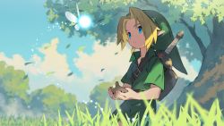 Rule 34 | 1boy, belt buckle, blanco026, blonde hair, blue eyes, blue sky, buckle, cloud, collared shirt, day, fairy, glowing, grass, green headwear, green shirt, hat, highres, holding, holding instrument, instrument, link, looking at another, male focus, nature, navi, nintendo, ocarina, outdoors, parted lips, pointy ears, sheath, sheathed, shirt, short sleeves, sky, sword, the legend of zelda, the legend of zelda: ocarina of time, tree, weapon, weapon on back, wing collar