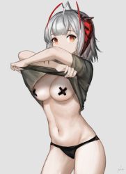 Rule 34 | 1girl, areola slip, arknights, arms up, bandaid, bandaids on nipples, black panties, black shirt, breasts, breasts out, clothes lift, cowboy shot, grey background, highres, horns, lifting own clothes, looking at viewer, medium breasts, multicolored hair, nashidrop, navel, official alternate costume, orange eyes, panties, pasties, red hair, shirt, shirt lift, short hair, short sleeves, signature, silver hair, simple background, sleeveless, slit pupils, solo, stomach, streaked hair, two-tone hair, underwear, undressing, w (arknights), w (fugue) (arknights)
