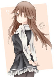 Rule 34 | 1girl, ?, arashio (kancolle), arashio kai ni (kancolle), arms behind back, black dress, black pantyhose, blush, breasts, brown eyes, brown hair, closed mouth, commentary request, cowboy shot, dakkusu, dated, dress, frilled dress, frills, hair between eyes, kantai collection, long hair, long sleeves, looking at viewer, looking to the side, pantyhose, pinafore dress, shirt, signature, sleeveless, sleeveless dress, small breasts, smile, solo, very long hair, white shirt
