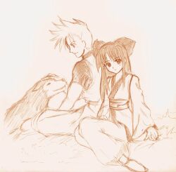 Rule 34 | 1boy, 1girl, ainu clothes, arm support, breasts, dog, galford d weller, hair ribbon, highres, japanese clothes, legs, long hair, looking at viewer, monochrome, nakoruru, pants, pointy hair, poppy, ribbon, samurai spirits, short hair, sitting, small breasts, smile, snk, thighs, traditional media