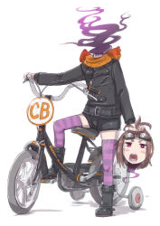 Rule 34 | 1girl, :o, aura, bad id, bad pixiv id, belt, bicycle, blush stickers, boots, brown hair, buckle, cutoffs, denim, denim shorts, dullahan, flat chest, goggles, goggles on head, grabbing another&#039;s hair, headless, holding, holding head, holding own hair, jacket, leather, leather jacket, long sleeves, looking at viewer, nucomas, open mouth, original, outstretched arm, purple thighhighs, red eyes, riding, scarf, shadow, short hair, short shorts, shorts, simple background, sketch, solo, striped clothes, striped thighhighs, thighhighs, white background, zettai ryouiki, zipper