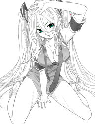 Rule 34 | 1girl, arm support, arm up, armband, breasts, green eyes, greyscale, hatsune miku, highres, long hair, medium breasts, monochrome, no pants, panties, sasaki shou, sitting, solo, striped clothes, striped panties, twintails, underwear, very long hair, vocaloid
