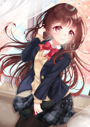 Rule 34 | 1girl, black jacket, black pantyhose, blazer, blush, bow, breasts, brown hair, brown sweater, closed mouth, collared shirt, commentary request, crying, crying with eyes open, curtains, day, graduation, grey skirt, hand in own hair, hand up, highres, holding, indoors, jacket, long hair, long sleeves, medium breasts, mirai (happy-floral), open clothes, open jacket, original, pantyhose, plaid, plaid skirt, pleated skirt, red bow, red eyes, red ribbon, ribbon, shirt, skirt, sleeves past wrists, smile, solo, sweater, tears, transparent, very long hair, white shirt, window