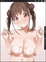 Rule 34 | 1girl, bare shoulders, bikini, blush, breasts, brown eyes, brown hair, cleavage, closed mouth, collarbone, double bun, eyepatch bikini, hair bun, hands up, idolmaster, idolmaster shiny colors, large breasts, long hair, looking at viewer, misekai 555, navel, short twintails, simple background, solo, sonoda chiyoko, swimsuit, twintails, white background, white bikini