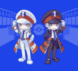 Rule 34 | 2boys, adjusting clothes, adjusting headwear, arm behind back, arm up, armband, belt, black coat, black footwear, black headwear, black pants, blue background, blue necktie, brothers, chibi, coat, collared shirt, creatures (company), emmet (pokemon), full body, game freak, gloves, grey eyes, grey hair, grin, hand grip, happy, hat, high collar, ingo (pokemon), long sleeves, looking at viewer, male focus, matching hair/eyes, merlusa, multiple boys, necktie, nintendo, open clothes, open coat, pants, parted lips, peaked cap, poke ball symbol, pokemon, pokemon bw2, seat, shirt, shoes, short hair, siblings, sidelocks, smile, standing, striped, striped coat, symmetry, teeth, train interior, twins, white coat, white footwear, white gloves, white headwear, white pants, white shirt