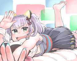Rule 34 | 1girl, :d, barefoot, bed, black skirt, blue nails, commentary request, fang, feet, fingernails, foreshortening, green eyes, hair ornament, hairclip, hare (tetterutei), highres, kaguya luna, long hair, lying, nail polish, on bed, on stomach, open mouth, pillow, pleated skirt, purple hair, shirt, short sleeves, skirt, smile, soles, solo, the moon studio, toes, twintails, virtual youtuber, wristband