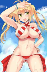 Rule 34 | 1girl, :d, ahoge, arm up, armpits, arms up, bad hands, bead bracelet, beads, bikini, blonde hair, blue sky, bracelet, breasts, cloud, cloudy sky, collarbone, comord, cowboy shot, day, fate/grand order, fate (series), green eyes, hair between eyes, hair intakes, halterneck, hand on own hip, highres, jewelry, large breasts, legs apart, long hair, looking at viewer, navel, nero claudius (fate), nero claudius (fate) (all), nero claudius (swimsuit caster) (fate), open mouth, outdoors, red bikini, side-tie bikini bottom, sidelocks, sky, smile, solo, striped bikini, striped clothes, swimsuit, thighs, tsurime, twintails, water drop