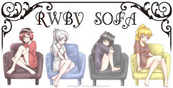 Rule 34 | 4girls, animal ears, aosiro-michi, barefoot, blake belladonna, cat ears, character name, copyright name, couch, english text, headphones, highres, multiple girls, ruby rose, rwby, shirt, simple background, sitting, swept bangs, weiss schnee, white background, yang xiao long