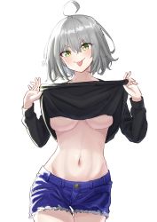 Rule 34 | 1girl, absurdres, ahoge, breasts, denim, eyebrows hidden by hair, fate/grand order, fate (series), grey hair, hair between eyes, highres, jeanne d&#039;arc (fate), jeanne d&#039;arc alter (avenger) (fate), jeanne d&#039;arc alter (fate), jeans, kohaku teru, looking at viewer, medium breasts, navel, pants, short hair, simple background, smile, solo, stomach, sweater, tongue, tongue out, underboob, undressing, white background, yellow eyes