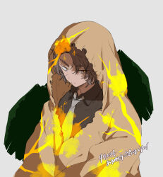 Rule 34 | 1boy, brown coat, brown hair, coat, dark-skinned male, dark skin, e.g.o (project moon), heathcliff (project moon), hood, hood up, hooded coat, limbus company, looking at viewer, project moon, purple eyes, simple background, solo, uchimura (rino0525), umbrella, upper body, yellow pupils