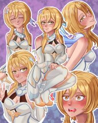 Rule 34 | blonde hair, calm, dress, flower, flower on head, genshin impact, hair ornament, heart, heart tongue, highres, lumine (genshin impact), multiple expressions, multiple views, shoes, shy, smile, sweat, sweatdrop, thighhighs, white dress, white thighhighs, yellow eyes