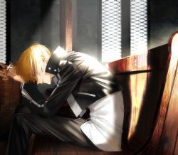 Rule 34 | 1boy, au (d elete), black jacket, black pants, blonde hair, church, closed eyes, colored eyelashes, fate/stay night, fate (series), gilgamesh (fate), highres, jacket, jewelry, male focus, necklace, official alternate costume, pants, pew, profile, rosary, shirt, sitting, solo, white shirt