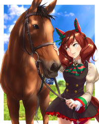 Rule 34 | 1girl, absurdres, animal ears, black dress, blurry, blurry background, bow, bowtie, bridle, brown eyes, brown hair, cheesecake (artist), commentary request, creature and personification, dress, ear covers, ear ribbon, frilled dress, frills, green bow, green bowtie, green ribbon, hair ribbon, highres, holding, holding reins, horse, horse ears, horse girl, horse tail, juliet sleeves, long sleeves, medium hair, multicolored hair, nice nature (racehorse), nice nature (umamusume), outside border, pinafore dress, puffy sleeves, red bow, red bowtie, reins, ribbon, sleeveless, sleeveless dress, streaked hair, striped bow, striped bowtie, striped clothes, tail, twintails, two-tone bowtie, two-tone hair, umamusume