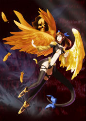 Rule 34 | 1girl, alternate color, alternate hair color, arc system works, asymmetrical wings, bad id, bad pixiv id, bare shoulders, blush, boots, bow, breasts, brown hair, choker, cleavage, dizzy (guilty gear), feathers, gold, guilty gear, guilty gear x, guilty gear xx, hair bow, highres, large breasts, long hair, navel, necro (guilty gear), open mouth, red eyes, ribbon, skull, solo, tail, tail ornament, tail ribbon, thighhighs, twintails, underboob, wings