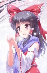 Rule 34 | bare shoulders, black eyes, black hair, blush, bow, branch, breath, cherry blossoms, commentary request, detached sleeves, hair bow, hair tubes, hakurei reimu, highres, japanese clothes, long hair, lzh, miko, open mouth, purple scarf, red bow, red shirt, red skirt, scarf, shirt, sidelocks, skirt, snow, touhou, wide sleeves