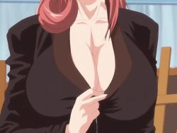 Rule 34 | 1boy, 1girl, animated, bouncing breasts, breasts, cleavage, cleavage (game), covered erect nipples, glasses, green eyes, huge breasts, ichinose sayaka, lipstick, long hair, makeup, masturbation, nipple erection, nipples, no bra, one breast out, paintbrush, red hair, tagme, teacher, teacher and student, toudou yuuto, video