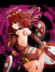 Rule 34 | 1girl, alternate costume, arano oki, ass, back tattoo, bare shoulders, butt crack, choker, cowboy shot, crystal, detached sleeves, elbow gloves, female focus, from behind, gloves, hair bobbles, hair ornament, halo, heart, heart tattoo, jewelry, kawashiro mitori, keyhole, legs together, leotard, lock, no bra, no entry sign, no panties, no symbol, open mouth, original, red eyes, red gloves, red hair, red leotard, ring, road closed sign, road closed to all sign, road closed to vehicles sign, road sign, short hair, side ponytail, sign, solo, strapless, strapless leotard, tattoo, touhou