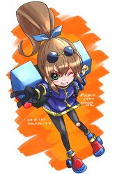 Rule 34 | 1girl, backpack, bag, brown hair, eyewear on head, full body, gloves, green eyes, heart, highres, long hair, long legs, looking at viewer, mayashtale, one eye closed, pantyhose, ponytail, precis neumann, robot, skirt, smile, solo, star ocean, star ocean the second story, torn clothes, torn pantyhose, v